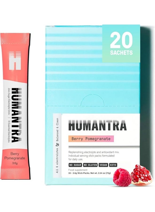 هيومانترا أكياس ترطيب هيومانترا | مُضاعِف ترطيب إلكتروليتي خالي من السكر مع معادن أساسية، يُعزز وظائف المناعة والأيض | مسحوق إلكتروليتات (٢٠ كيسًا، بنكهة التوت والرمان)
