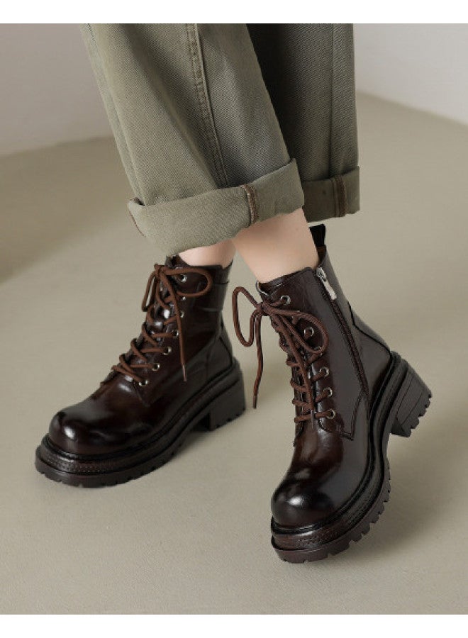 AME High-quality Textured Martin Boots 2025 Retro Hand-scratch Pattern Lace-up Ankle Boots For Women, Slimming And Stylish - Image 1