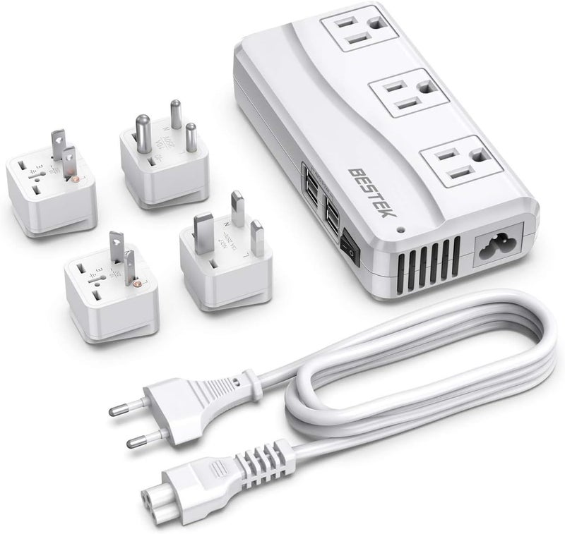 BESTEK محول سفر عالمي 100-220 فولت إلى 110 فولت محول جهد 250 واط مع 6 أمبير 4 منافذ USB و 3 مقابس AC ومحول مقبس عالمي (أبيض) - Image 1