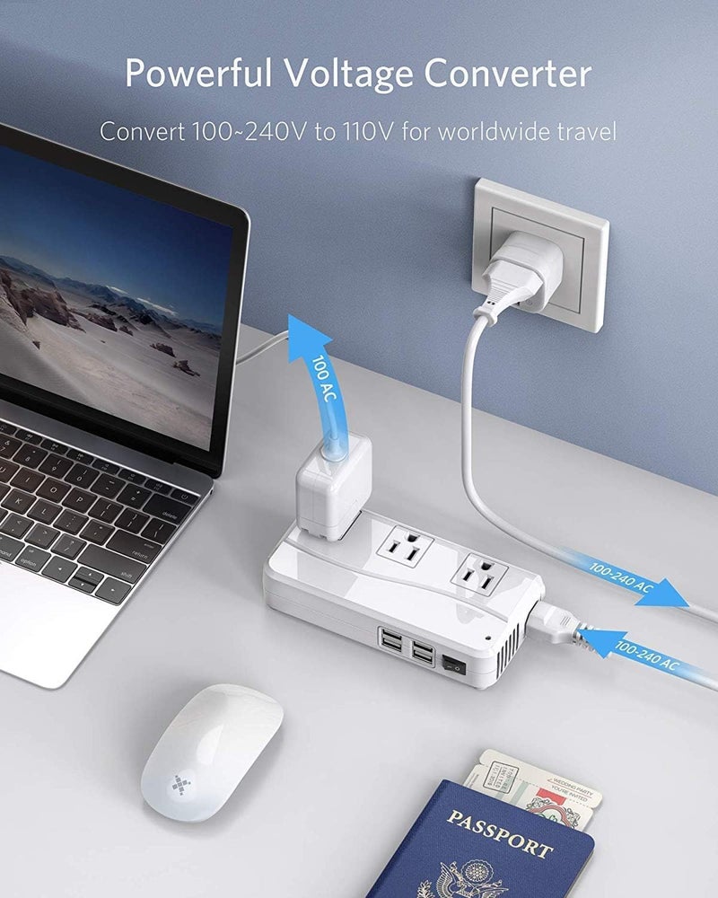 BESTEK محول سفر عالمي 100-220 فولت إلى 110 فولت محول جهد 250 واط مع 6 أمبير 4 منافذ USB و 3 مقابس AC ومحول مقبس عالمي (أبيض) - Image 5