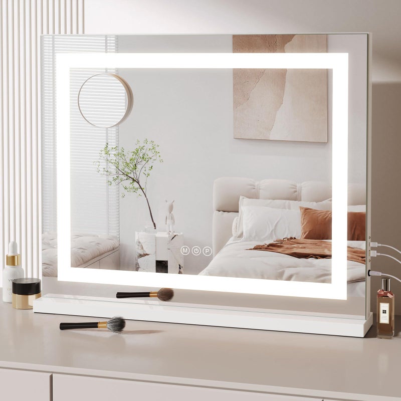 Dripex Hollywood Vanity Mirror with Light 58 x 48 cm LED Makeup Mirror Light Up Vanity Mirror with 3 Colors Dimmable Strip Light USB and TypeC Port Tabletop or WallMounted