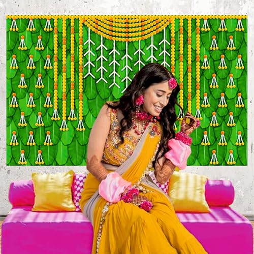 Party Baazaar Banana Leaf Backdrop Cloth for Decoration | Backdrop for Pooja | Valakapu Function Decoration Items (Pack of 1, Multicolor, Size: 8x5 Feet) - Image 4