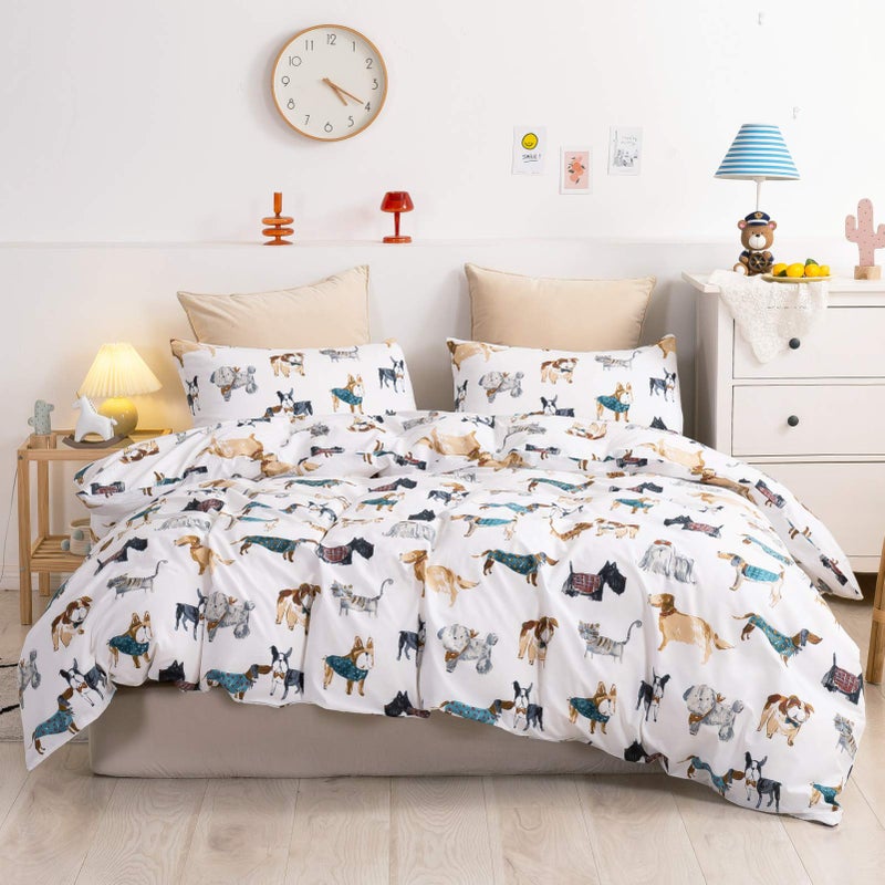 Ivellow 100 Cotton Queen Duvet Cover Set Cartoon Dog Puppy Patterned Kids Duvet Cover for Boys Girls Soft Bedding Sets 3Pcs White Comforter Cover with Zipper Closure 2 Pillowcases No Comforter