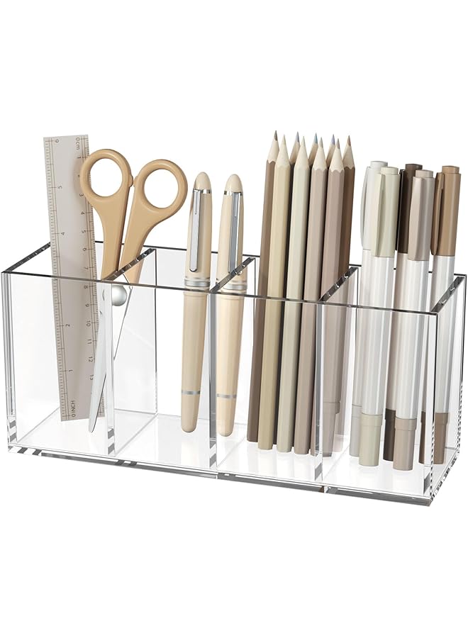 erorex Acrylic Pen Holder 4 Compartments Clear Pencil Organizer Cup For Countertop Desk Accessory Storage - Image 1