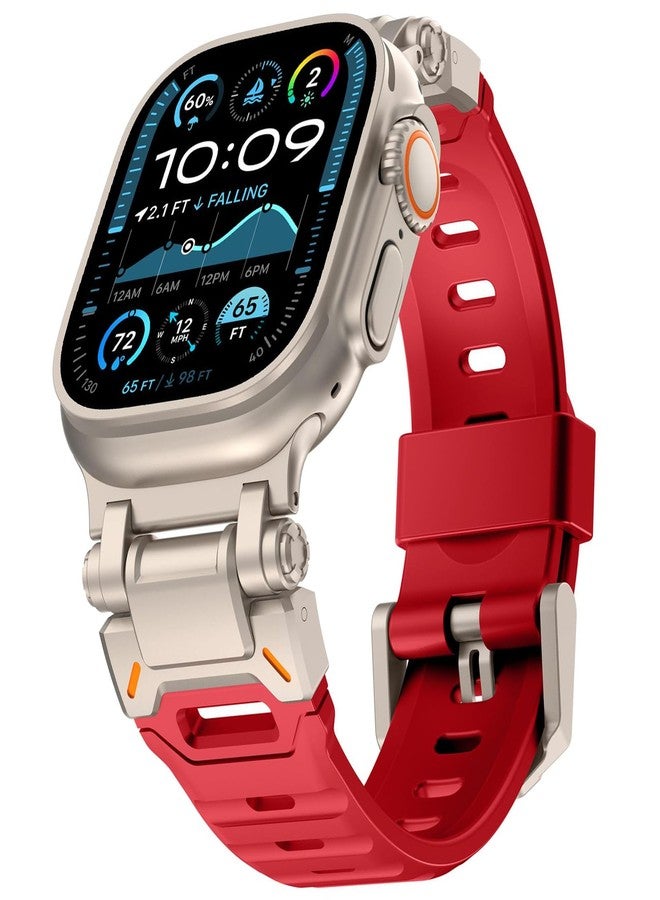 WINGLE FKM Rubber Bands for Apple Watch Ultra 2 Band Ultra 49mm 46mm 45mm 44mm 42mm for Men Series 10 9 8 7 SE 6 5 4 3 2, Military Rugged Metal Connector Silicone Apple iWatch Sport Bands, Red - Image 1