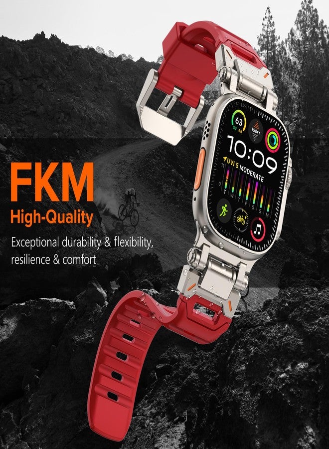 WINGLE FKM Rubber Bands for Apple Watch Ultra 2 Band Ultra 49mm 46mm 45mm 44mm 42mm for Men Series 10 9 8 7 SE 6 5 4 3 2, Military Rugged Metal Connector Silicone Apple iWatch Sport Bands, Red - Image 2