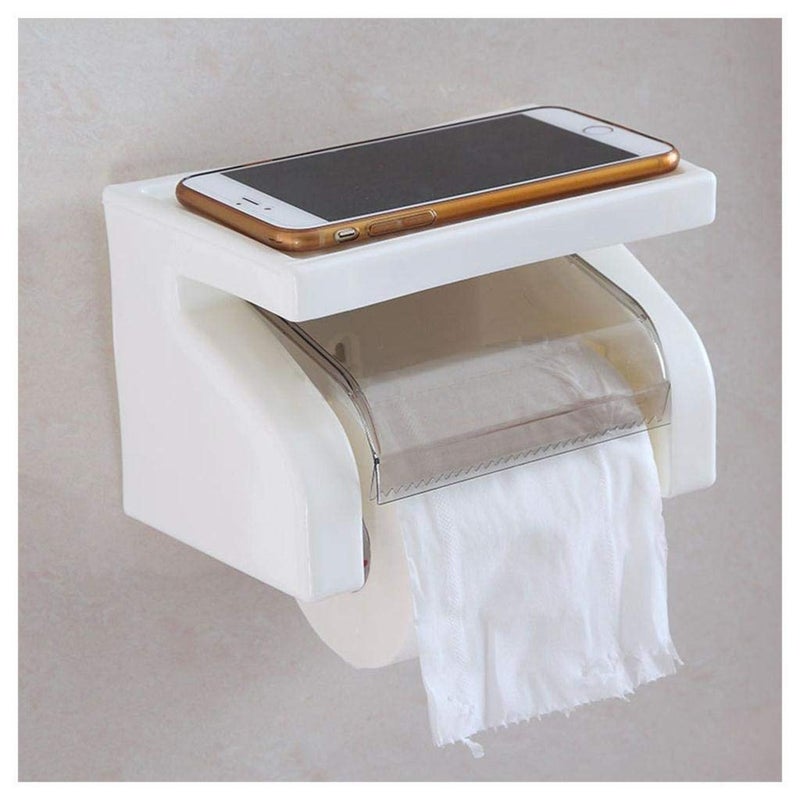 ULTRAZON Tissue roll Holder One-Handed Tear Paper Paper Holder Tissue Roll Stand Box with Shelf Rack Adhesive Wall Mount Bathroom Accessory (Standard Size) - Image 1