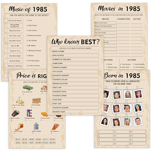 QUPT 40th Birthday Party Games, Born in 1985 Games Bundle, Set of 5 Activities for 10 Guests, Birthday Party Supplies for Adults, Pack of 50 Cards - Image 1