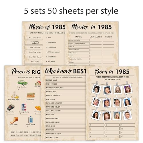 QUPT 40th Birthday Party Games, Born in 1985 Games Bundle, Set of 5 Activities for 10 Guests, Birthday Party Supplies for Adults, Pack of 50 Cards - Image 4