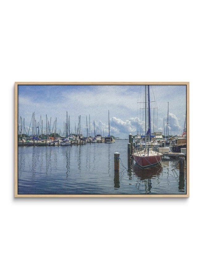 Abstract Framed Portrait Of Shoreline View Of Yachts On Calm