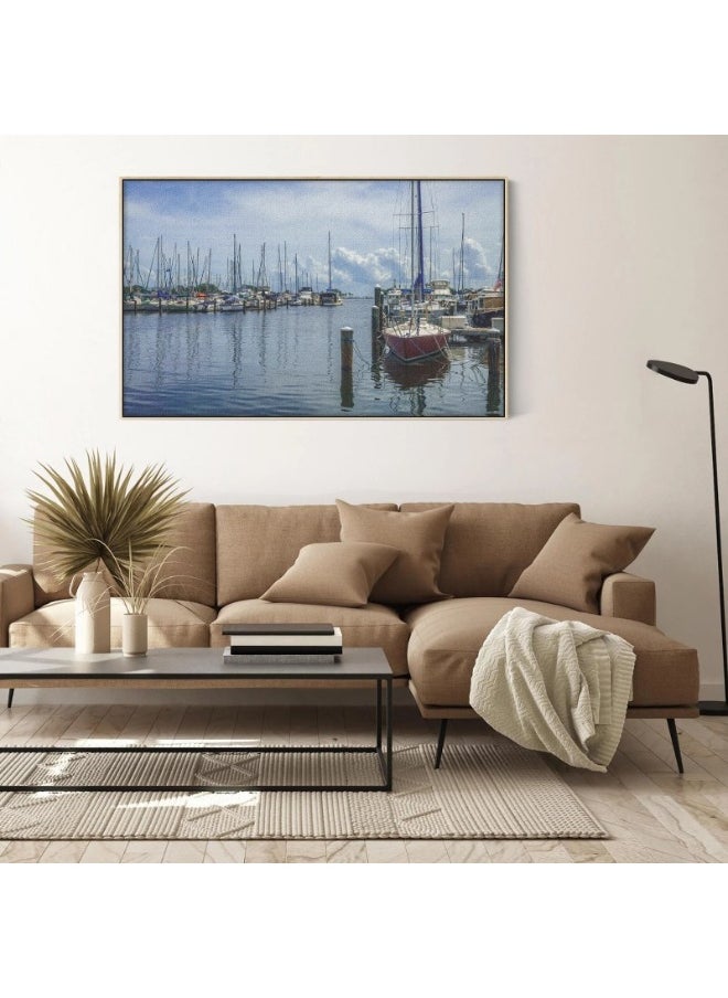 Abstract Framed Portrait Of Shoreline View Of Yachts On Calm