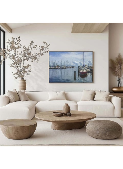 Abstract Framed Portrait Of Shoreline View Of Yachts On Calm