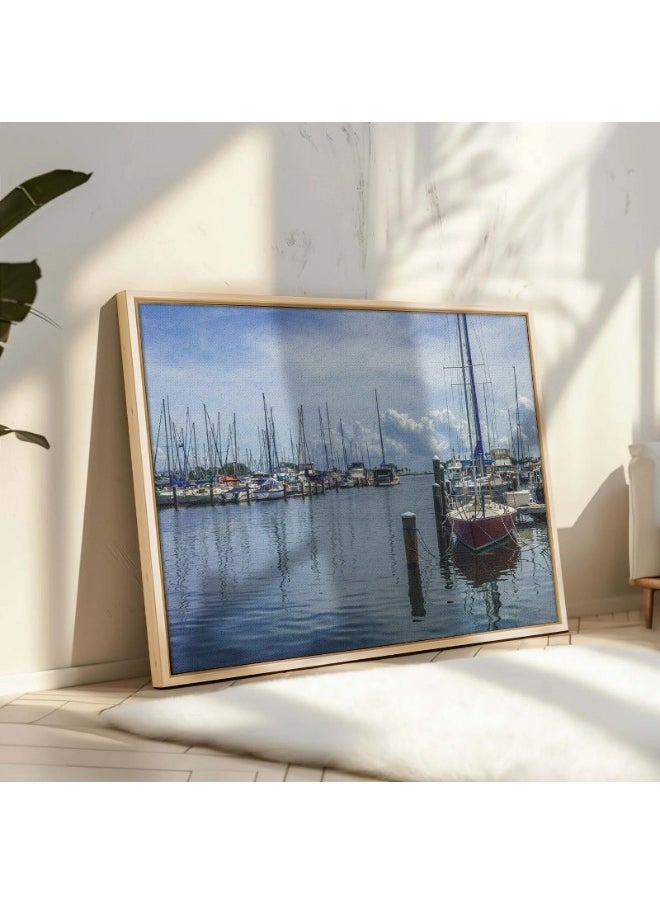 Abstract Framed Portrait Of Shoreline View Of Yachts On Calm