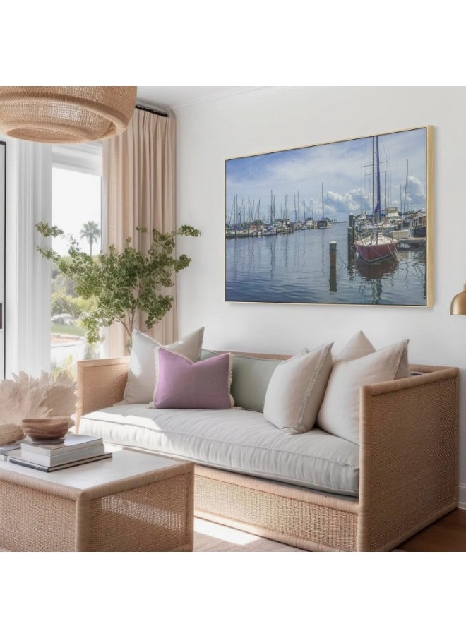 Abstract Framed Portrait Of Shoreline View Of Yachts On Calm