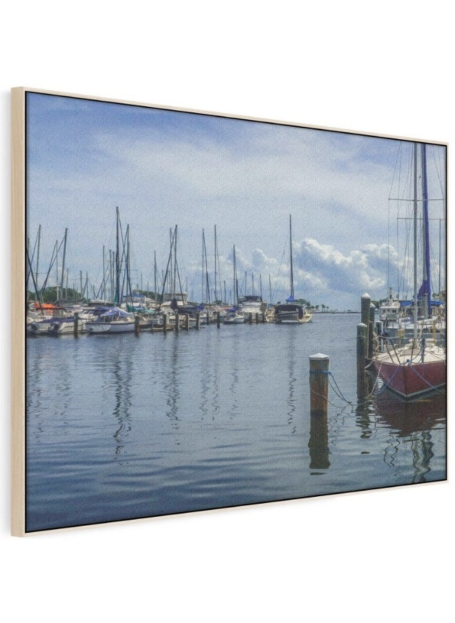 Abstract Framed Portrait Of Shoreline View Of Yachts On Calm