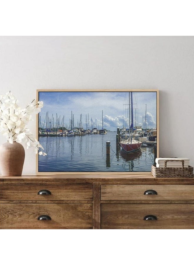 Abstract Framed Portrait Of Shoreline View Of Yachts On Calm