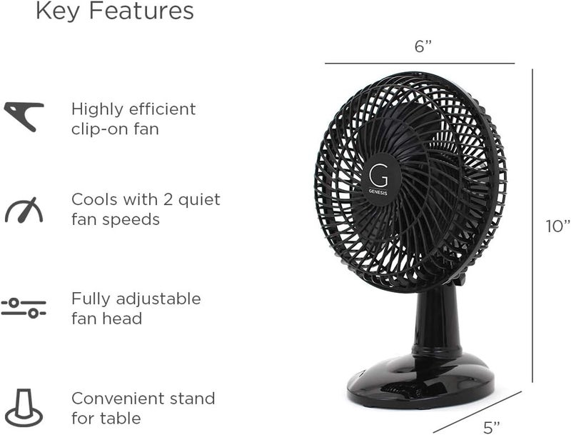 6-Inch Clip Convertible Table-Top & Clip Fan Two Quiet Speeds - Ideal For The Home, Office, Dorm, More Black (A1CLIPFANBLACK