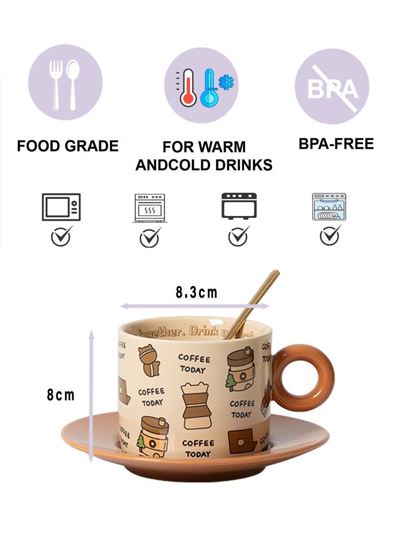 250Ml Microwave - Safe Brown Ceramic Coffee Cup With Saucer And Spoon - Adorable Coffee - Themed Patterns For Daily Use  - Image 2