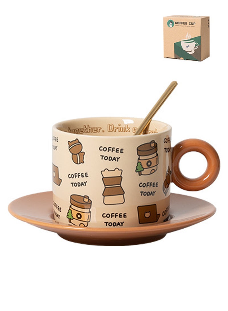 250Ml Microwave - Safe Brown Ceramic Coffee Cup With Saucer And Spoon - Adorable Coffee - Themed Patterns For Daily Use  - Image 1