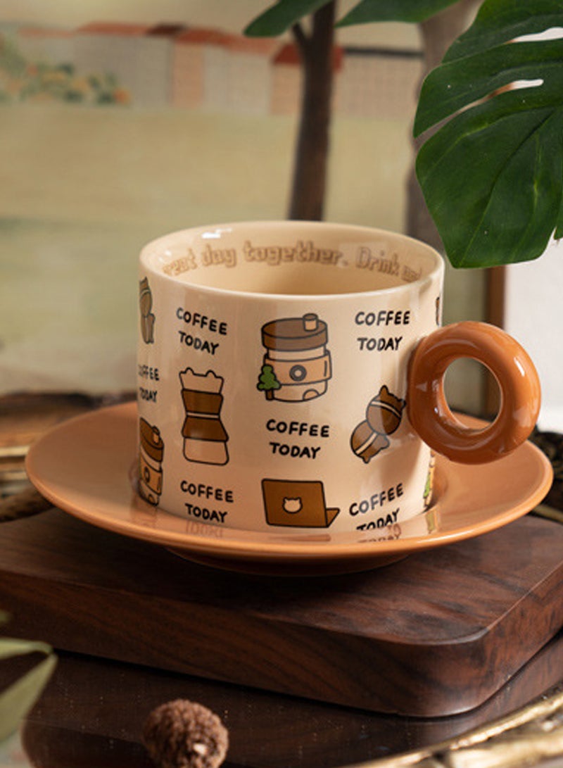 250Ml Microwave - Safe Brown Ceramic Coffee Cup With Saucer And Spoon - Adorable Coffee - Themed Patterns For Daily Use  - Image 3
