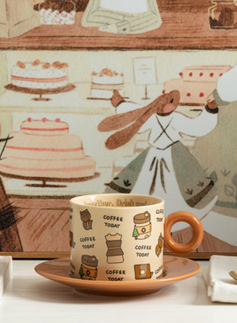250Ml Microwave - Safe Brown Ceramic Coffee Cup With Saucer And Spoon - Adorable Coffee - Themed Patterns For Daily Use  - Image 4
