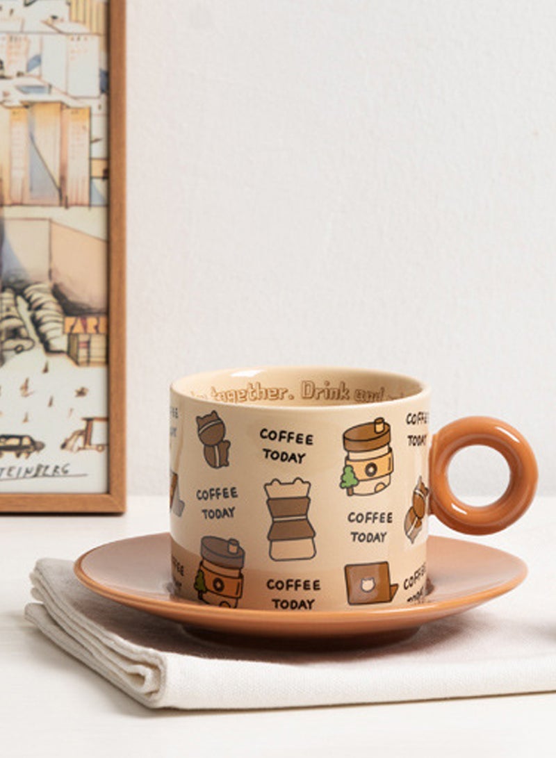 250Ml Microwave - Safe Brown Ceramic Coffee Cup With Saucer And Spoon - Adorable Coffee - Themed Patterns For Daily Use  - Image 5