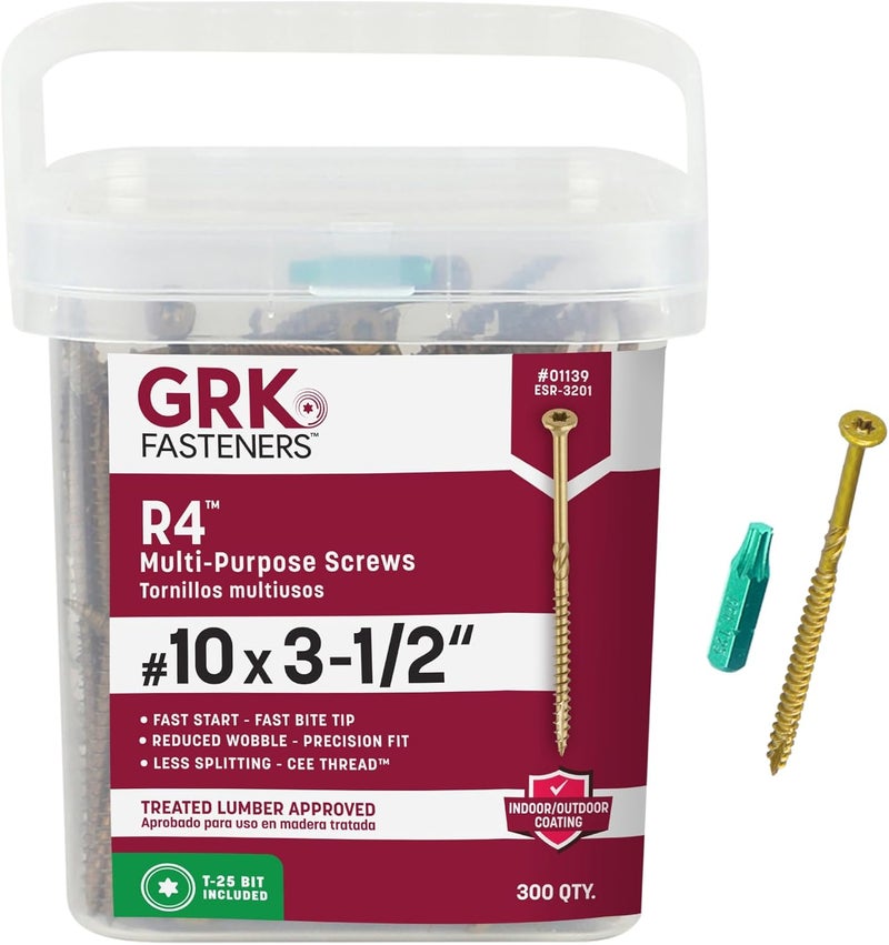 GRK مسامير R4#10 x 3-1/2 بوصة، مسامير تأطير متعددة الأغراض، 300 قطعة، طلاء مقاوم للصدأ Climatek، مسامير سياج وأرضيات خارجية، طرف سريع، تجويف قيادة نجمي، بت T-25 متضمن، ذهبي - Image 1