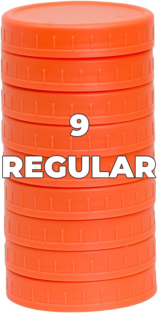 Bedgeta 9 Regular Mouth Mason Jar Lids with Silicone Ring,Thickened Leak-proof Lids Fit Ball,Kerr and More, 9 Orange Plastic, 70mm(Orange) - Image 1