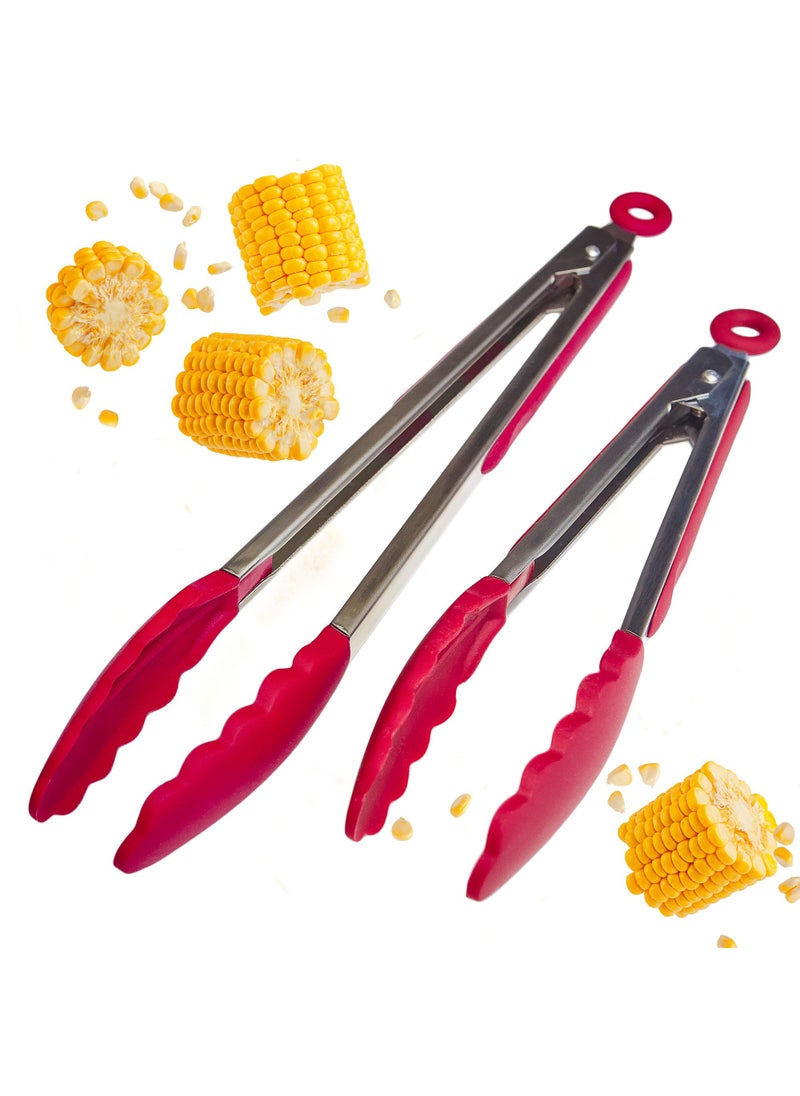 StarPack Home StarPack Premium Silicone Kitchen Tongs Set of 2 9Inch  12Inch  Stainless Steel with NonStick Silicone Tips High Heat Resistant to 480F For Cooking Serving Grill BBQ  Salad Cherry Red 