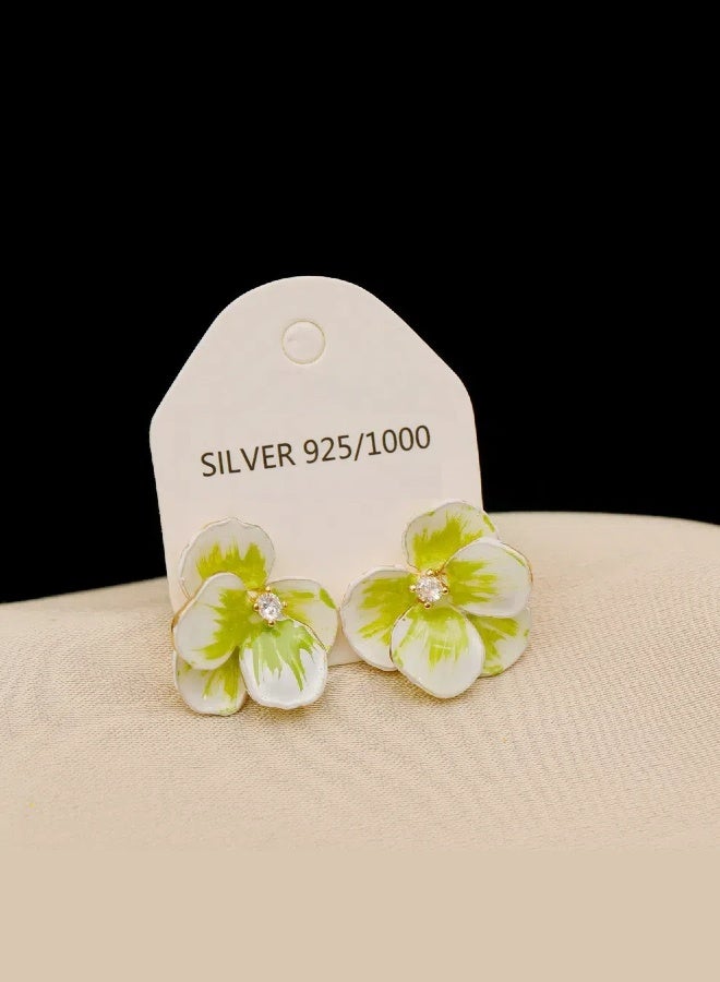 Light Green Camellia Earrings Enamel Handpainting Technique Flower Earrings Cute and Sweet Fresh Summer Earring for Women 925 Silver Needle  - Image 3