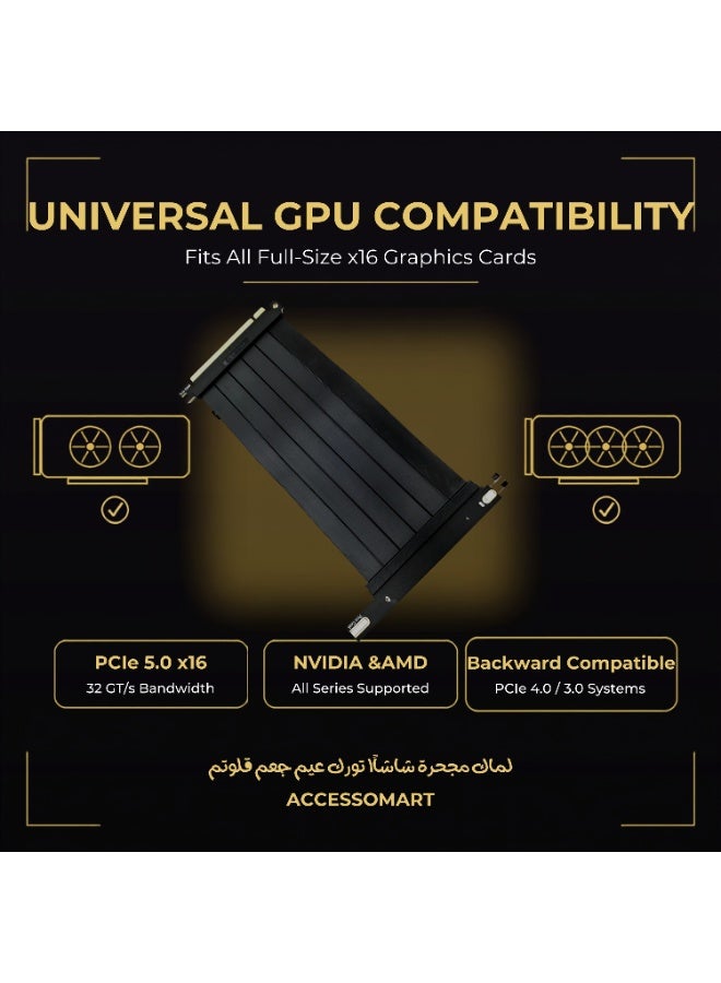 Accessomart PHANTOM R1 PCIe 5.0 Riser Cable 300mm x16 Gen 5, 90 Degree Right Angle GPU Extension, 128GB/s EMI Shielded, for Vertical GPU Mount ITX SFF PC Build, Compatible with PCIe 4.0/3.0 - Image 4