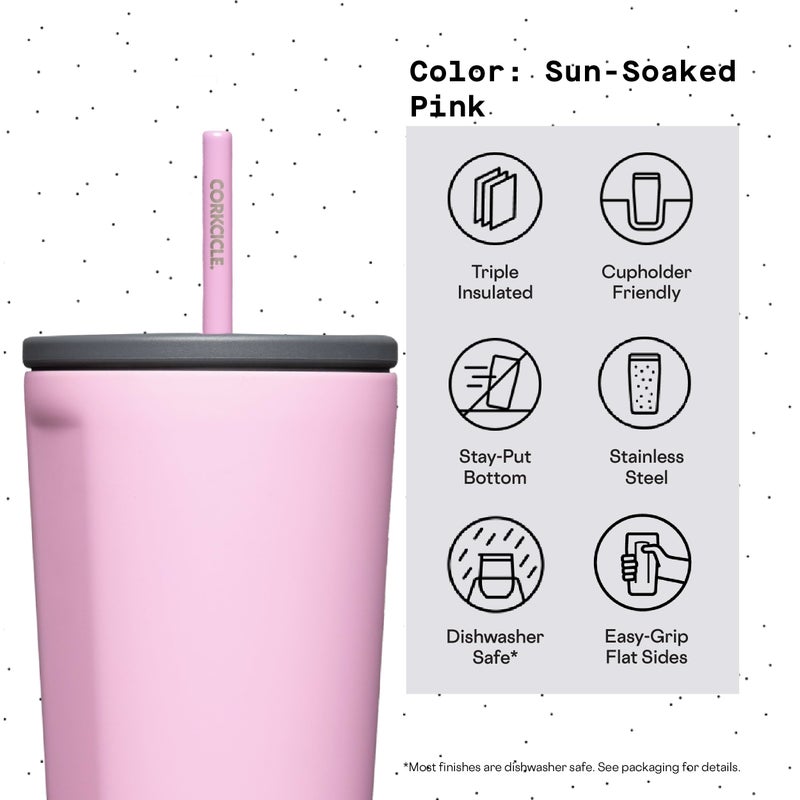 Corkcicle Cold Cup Insulated Tumbler with Straw - Keeps Drinks Cold for 12 Hours - Triple-Insulated Stainless Steel - Leak-Resistant Lid - Summer Drinkware Gift - 24 oz - Sun-Soaked Pink - Image 4