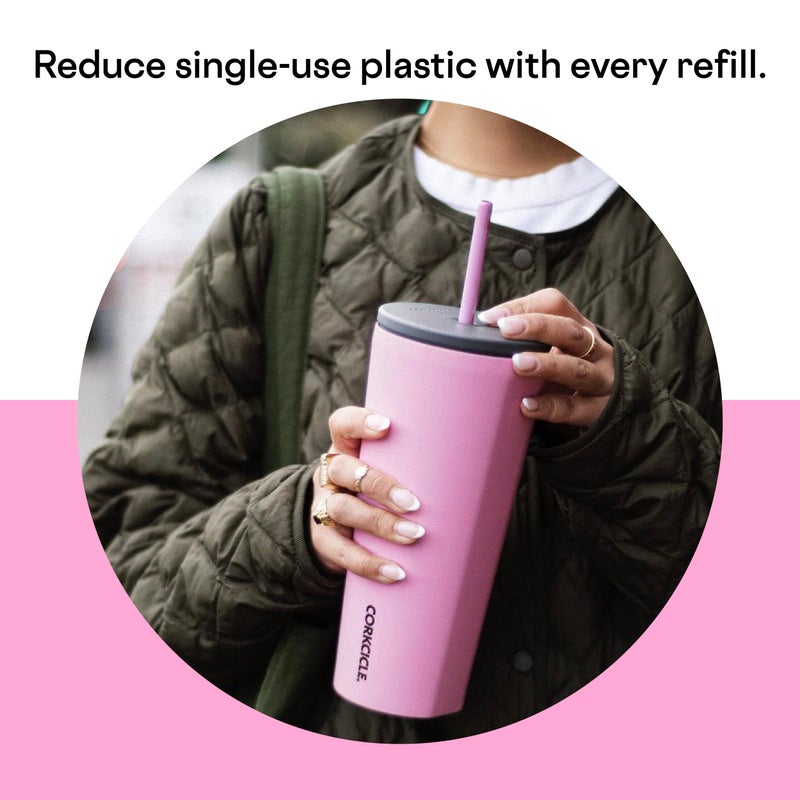 Corkcicle Cold Cup Insulated Tumbler with Straw - Keeps Drinks Cold for 12 Hours - Triple-Insulated Stainless Steel - Leak-Resistant Lid - Summer Drinkware Gift - 24 oz - Sun-Soaked Pink - Image 5