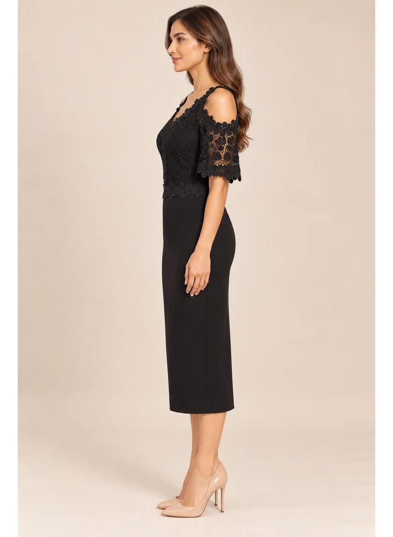 2Trendy Women's Black Midi Dress with Floral Lace and Cold Shoulder
