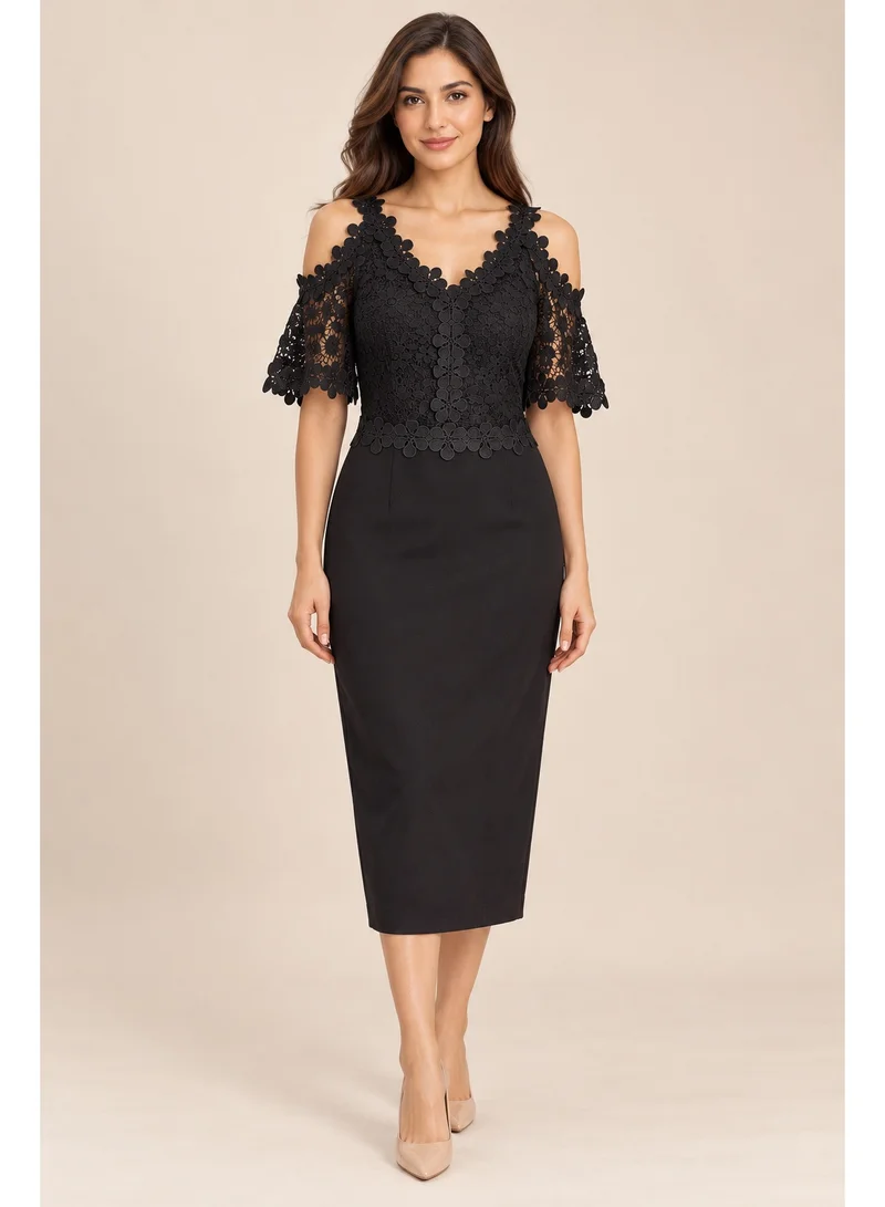 2Trendy Women's Black Midi Dress with Floral Lace and Cold Shoulder
