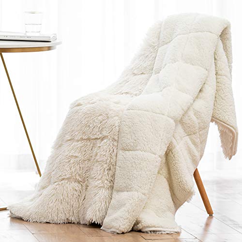 Wemore Shaggy Long Fur Faux Fur Weighted Blanket Cozy and Fluffy Plush Sherpa Long Hair Blanket for Adult 20lbs Fluffy Fuzzy Sherpa Reverse Heavy Blanket for Bed Couch Cream White 60 x 80 Inches