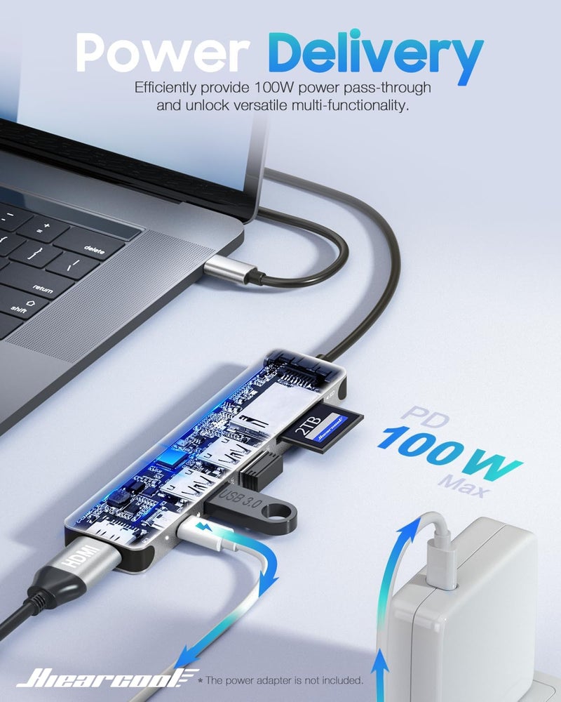 Hiearcool USB C Hub Multi-Port Adapter, 7-in-1 USB-C Dongle with 4K HDMI 100W PD SD/TF Card Reader, USBC Dock Compatible for MacBook Pro/Air Dell XPS Lenovo HP and Other Windows Laptops-Sliver White - Image 3