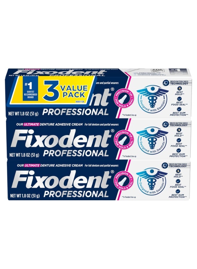Fixodent Professional Ultimate Denture Adhesive Cream for Strong, All-Day Hold for Full and Partial Dentures, 1.8 oz Tube with Breath Bacteria Shield and Precision Tip (3 Pack) - Image 5