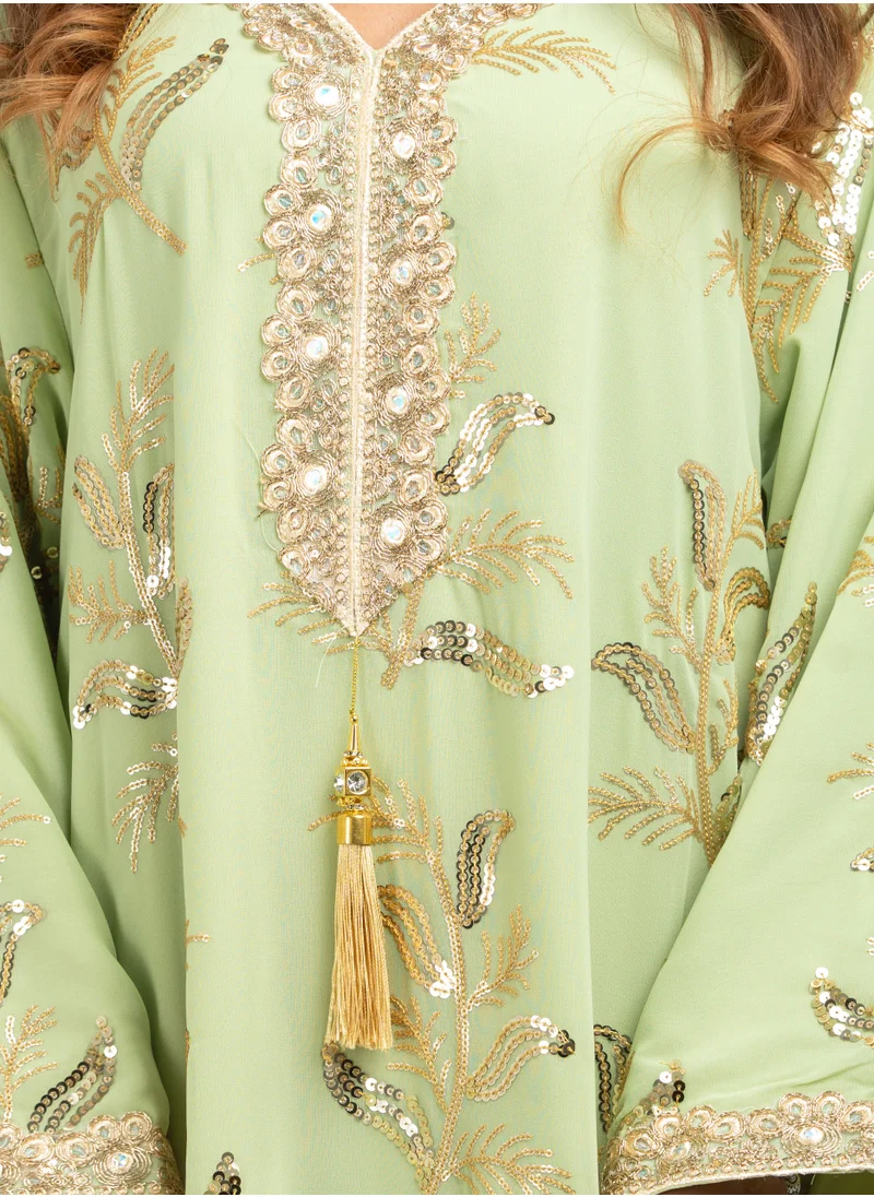 IKKXA Lace Neckline Embroidered Jalabiya CJ1039 Green