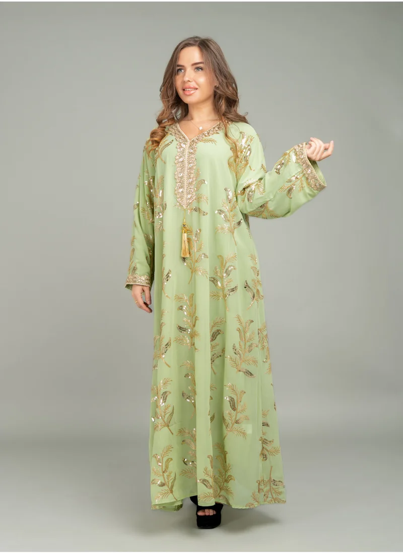 IKKXA Lace Neckline Embroidered Jalabiya CJ1039 Green