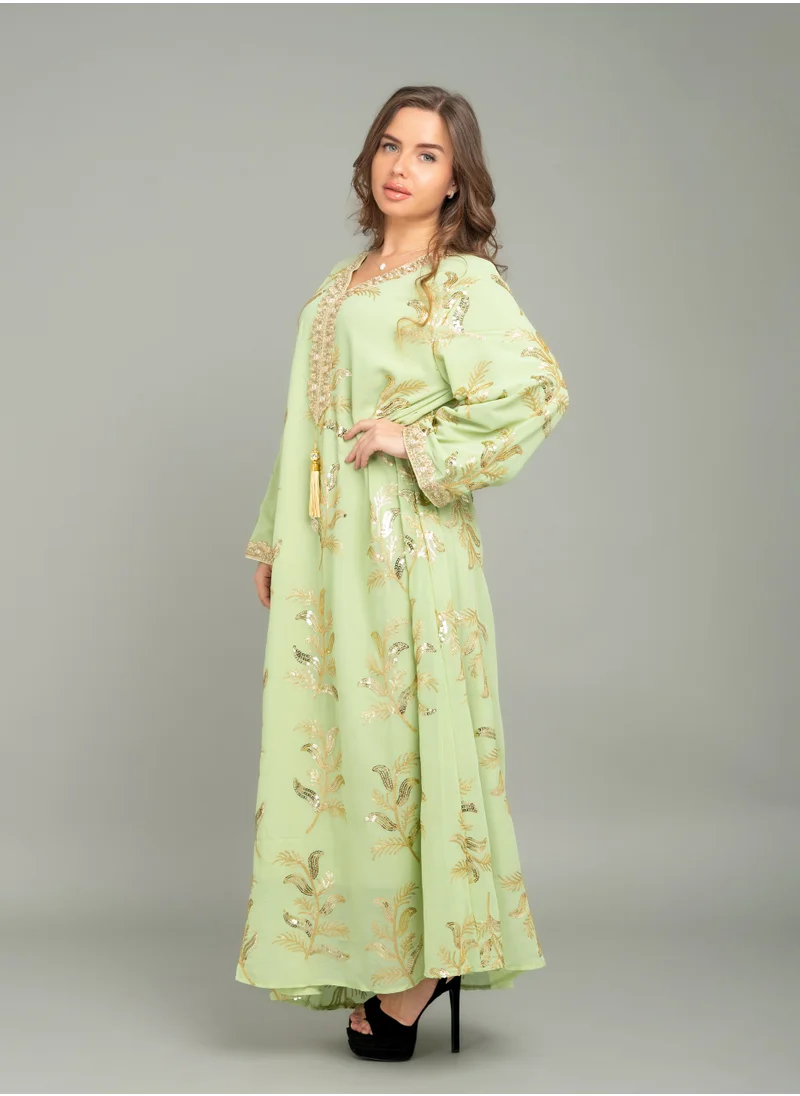 IKKXA Lace Neckline Embroidered Jalabiya CJ1039 Green