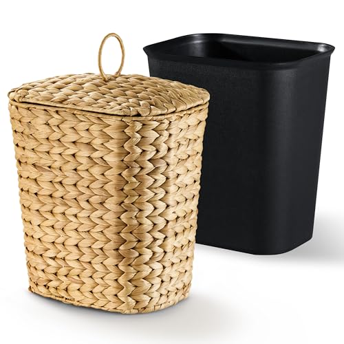 BLUEWEST 2.6 Gallon Wicker Trash Can with Lid, Handwoven Rattan Trash Can, Woven Decorative Wastebasket, Wicker Waste Basket with Removable Plastic Inner Bin for Bathroom, Bedroom, Office, or Kitchen - Image 1