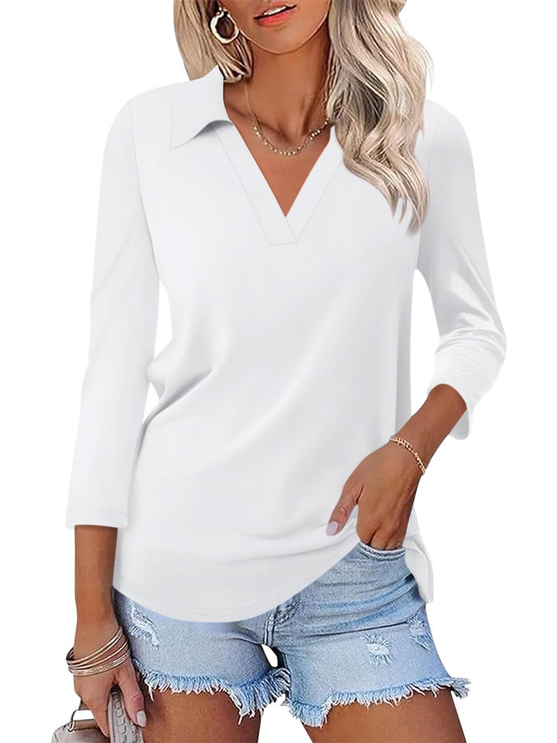 TICTICMISS Womens V Neck Polo Shirts 3/4 Sleeve Collared Tops Business Casual Summer Tops Trendy Loose - Image 1