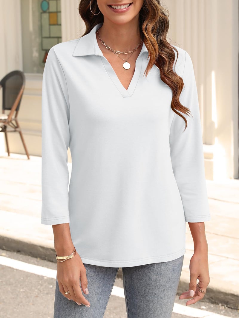 TICTICMISS Womens V Neck Polo Shirts 3/4 Sleeve Collared Tops Business Casual Summer Tops Trendy Loose - Image 3