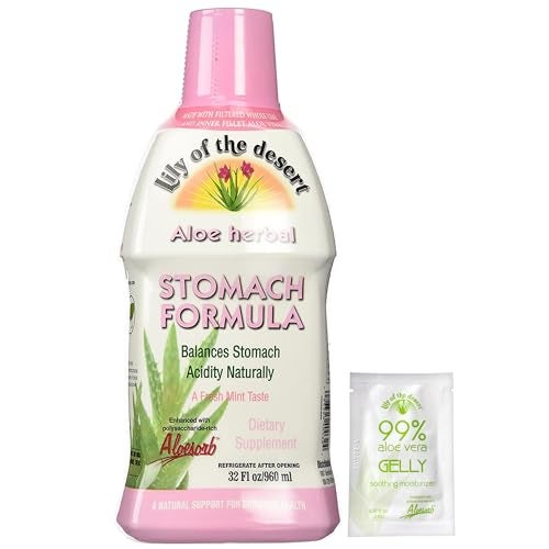 Lily Of the Desert Lily of The Desert Stomach Formula Organic Aloe Vera Juice with Slippery Elm Chamomile Peppermint and Ginger for Gut Health Acid Reflux Heartburn Relief 32 Oz Gelly Sachet Included 