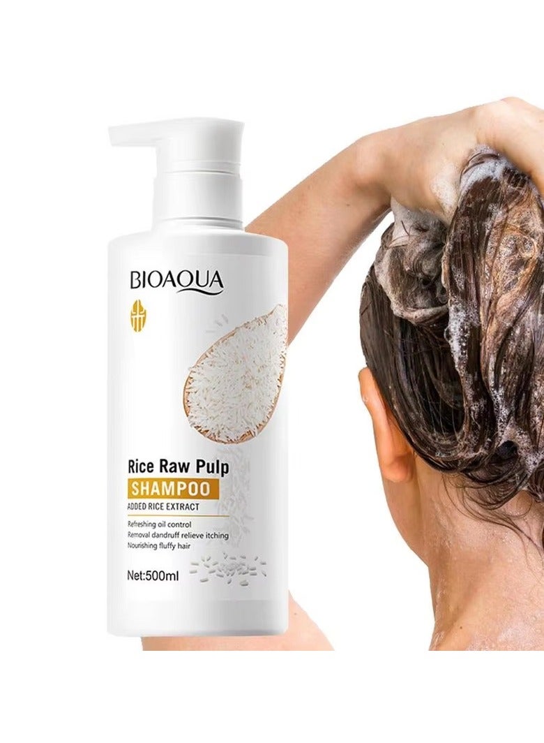 BIOAQUA شامبو بيواكوا من لب الأرز الخام للتحكم في الزيت وإزالة القشرة وتخفيف الحكة وتغذية الشعر الكثيف 500 مل - Image 3