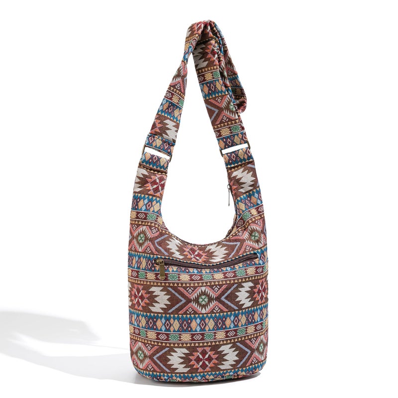Coton Pose Women Hippie Crossbody Bag Top Zip Large capacity Canvas Sling Bag Jacquard cloth Handmade Bags (Boho brown) - Image 3
