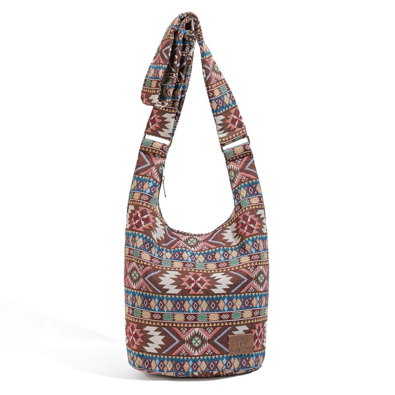 Coton Pose Women Hippie Crossbody Bag Top Zip Large capacity Canvas Sling Bag Jacquard cloth Handmade Bags (Boho brown) - Image 1