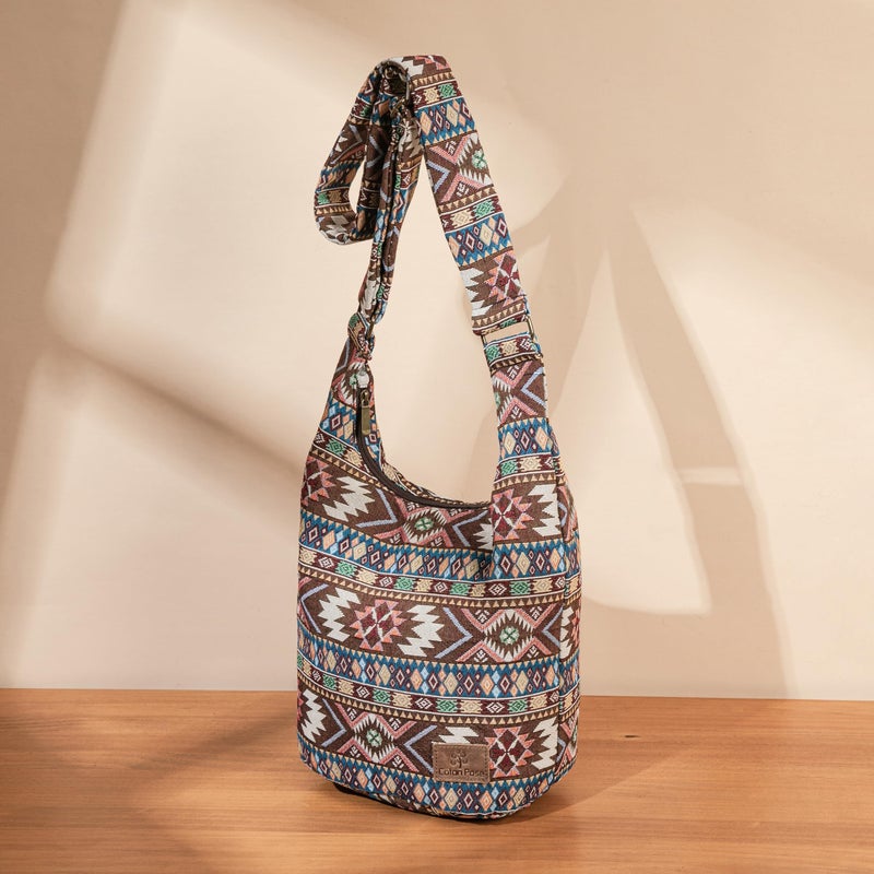 Coton Pose Women Hippie Crossbody Bag Top Zip Large capacity Canvas Sling Bag Jacquard cloth Handmade Bags (Boho brown) - Image 2