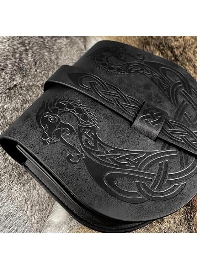 Viking Embossed Langskip Belt Pouch, Medieval Faux Leather Flap Saddle Side Bag Purses, Retro Portable Belt Bag (Black A) - Image 4